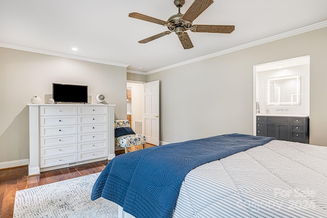 bedroom with wood finished floors, baseboards, ceiling fan, ornamental molding, and ensuite bathroom