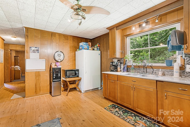 kitchen featuring sink, wood walls, white refrigerator, and light hardwood / wood-style flooring