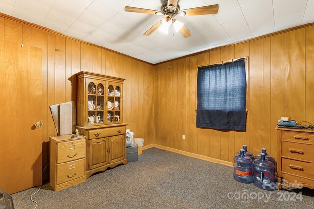 miscellaneous room with wooden walls, carpet floors, and ceiling fan