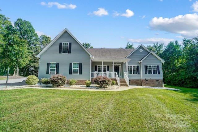 view of front of home with crawl space, covered porch, and a front yard