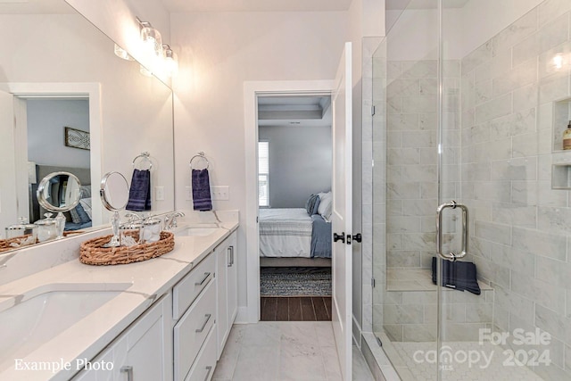 bathroom with walk in shower, wood-type flooring, and dual vanity