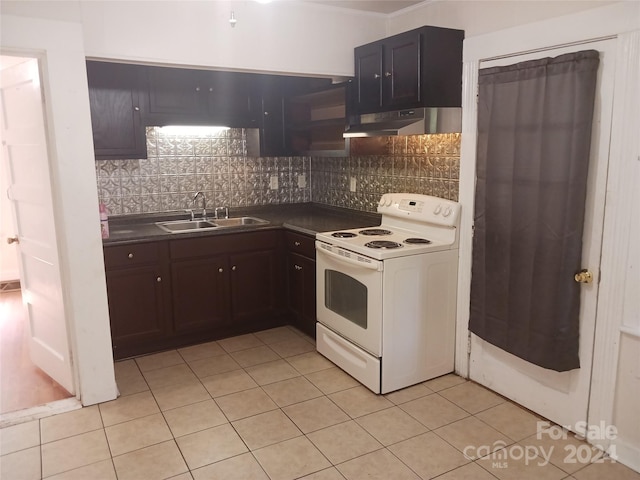 kitchen featuring backsplash, white range with electric cooktop, sink, and light tile patterned floors