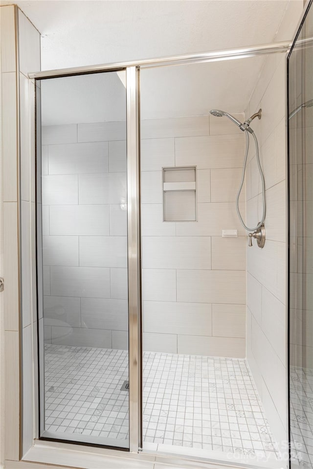 bathroom featuring a shower with door