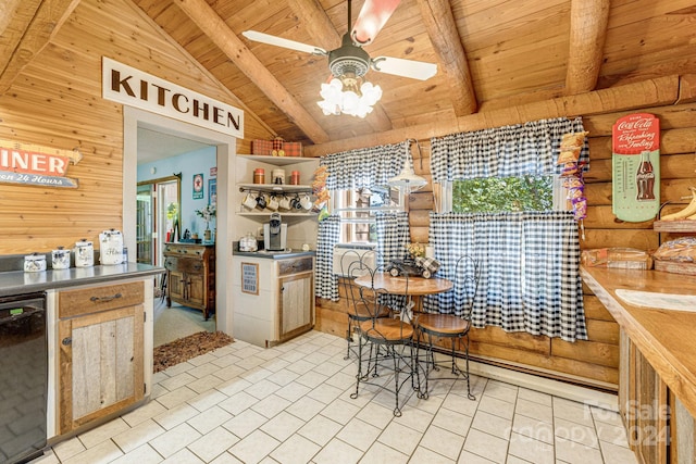 kitchen with wooden ceiling, black dishwasher, ceiling fan, and vaulted ceiling with beams