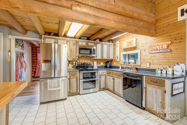 kitchen with wood walls, beamed ceiling, appliances with stainless steel finishes, sink, and light wood-type flooring