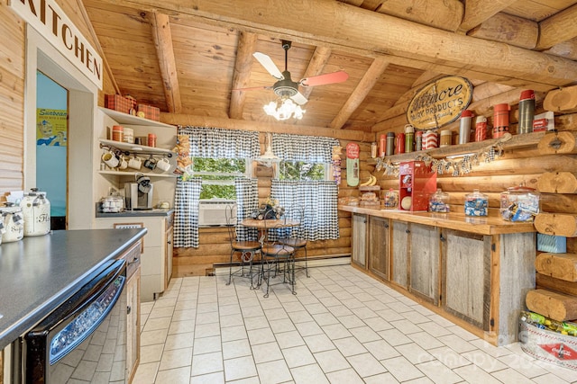 kitchen featuring light tile patterned floors, dishwasher, lofted ceiling with beams, ceiling fan, and wood ceiling