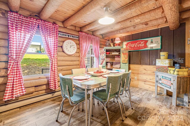 dining area featuring hardwood / wood-style flooring, baseboard heating, beam ceiling, and wooden ceiling