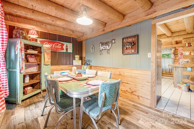 dining area with hardwood / wood-style floors, wood ceiling, wooden walls, and beam ceiling