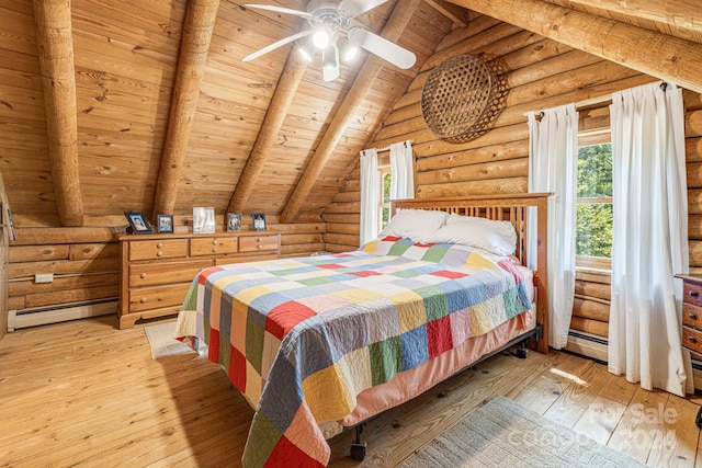 bedroom featuring lofted ceiling with beams, wooden ceiling, light hardwood / wood-style flooring, baseboard heating, and ceiling fan