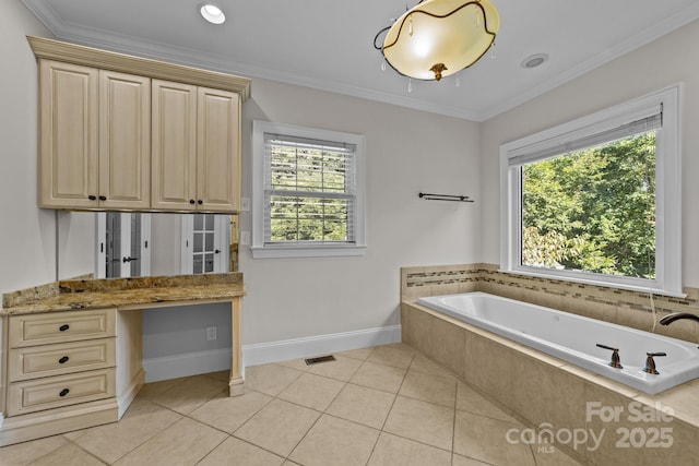 bathroom with tiled bath, tile patterned floors, and crown molding