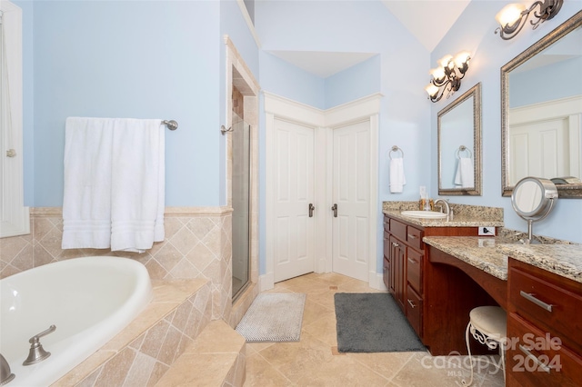 bathroom featuring lofted ceiling, vanity, plus walk in shower, and tile patterned flooring