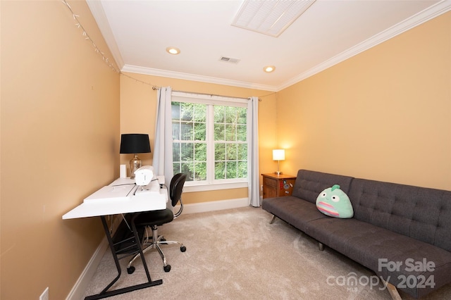 office area with light carpet and crown molding