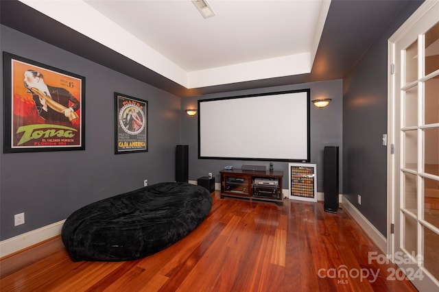 home theater with dark hardwood / wood-style floors and a raised ceiling