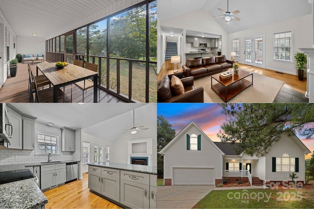 sunroom / solarium with vaulted ceiling, ceiling fan, and sink