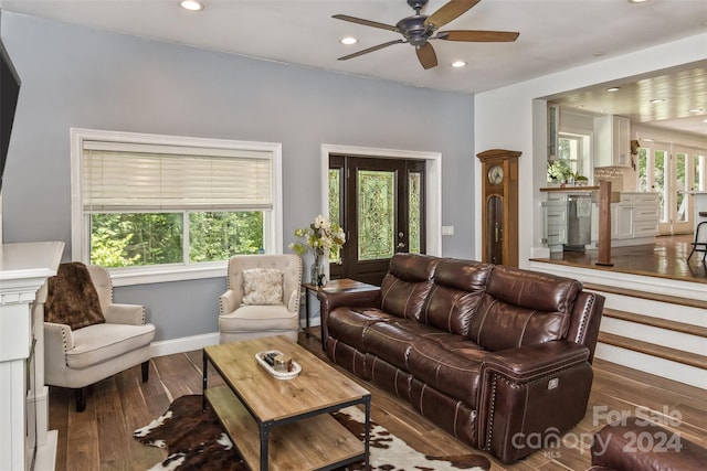 living room with ceiling fan, dark wood-type flooring, and plenty of natural light