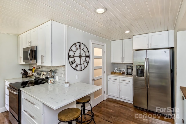 kitchen featuring wooden ceiling, decorative backsplash, dark hardwood / wood-style flooring, and stainless steel appliances