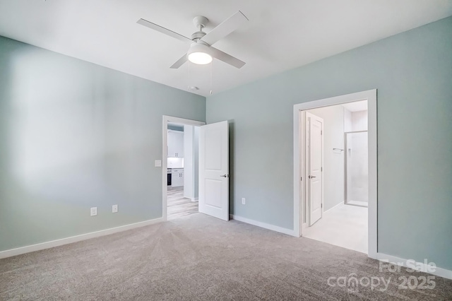 unfurnished bedroom with ceiling fan and light colored carpet