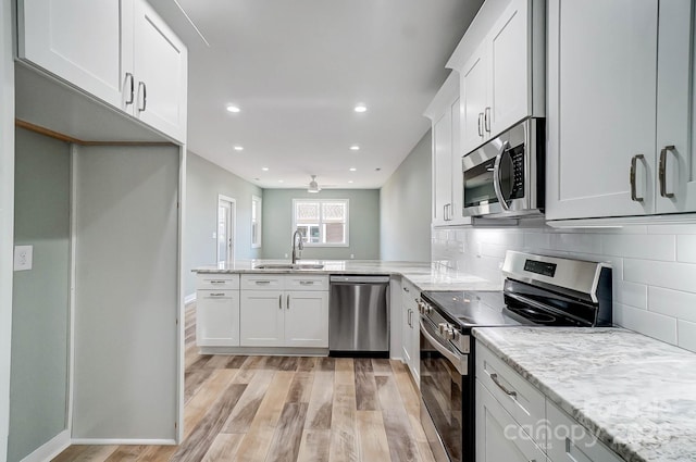 kitchen featuring kitchen peninsula, sink, tasteful backsplash, white cabinetry, and stainless steel appliances