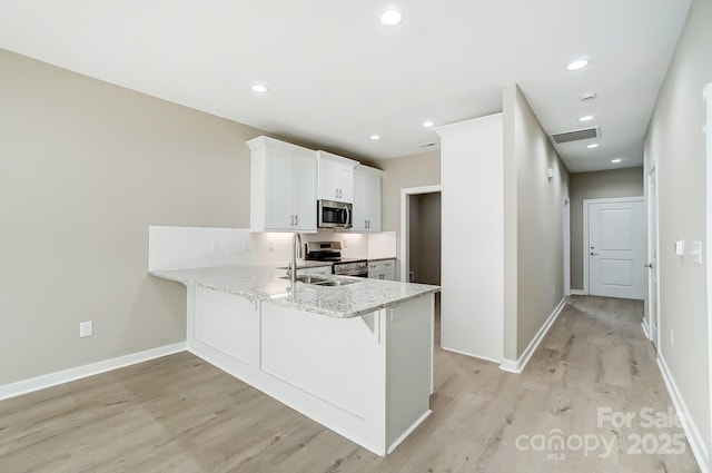 kitchen with kitchen peninsula, sink, tasteful backsplash, white cabinetry, and stainless steel appliances