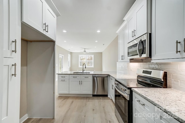 kitchen with sink, tasteful backsplash, white cabinetry, light stone countertops, and stainless steel appliances