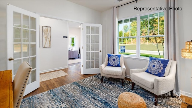 living area with dark hardwood / wood-style flooring and french doors