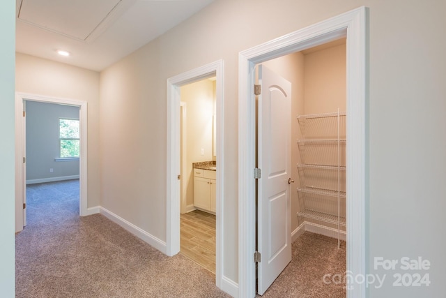 hallway with light carpet