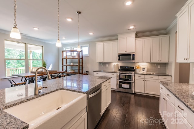 kitchen with stainless steel appliances, sink, pendant lighting, white cabinets, and dark hardwood / wood-style flooring