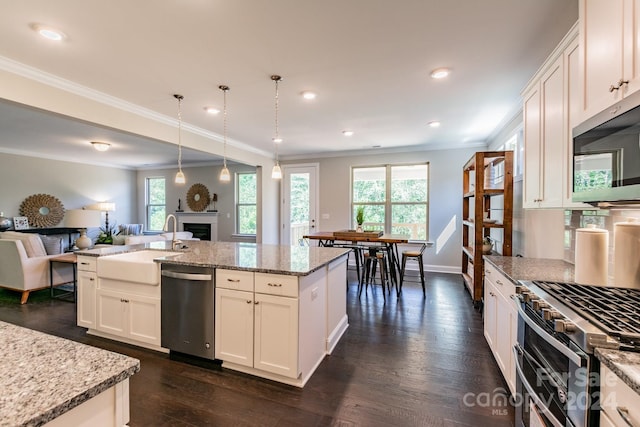 kitchen featuring appliances with stainless steel finishes, dark hardwood / wood-style floors, plenty of natural light, and pendant lighting