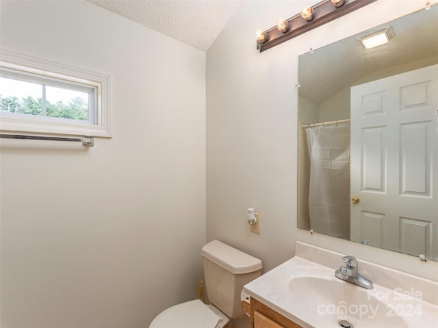 bathroom with vanity, a textured ceiling, lofted ceiling, and toilet