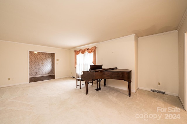 interior space with crown molding and light colored carpet