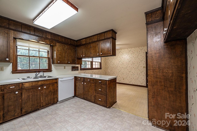 kitchen with dishwasher, sink, a wealth of natural light, and dark brown cabinetry