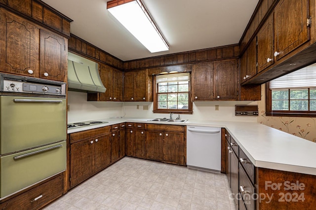 kitchen featuring white appliances, dark brown cabinetry, ventilation hood, and sink