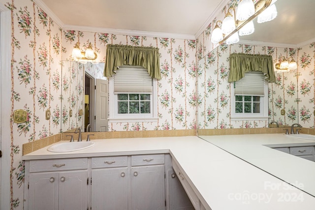 bathroom with vanity and ornamental molding