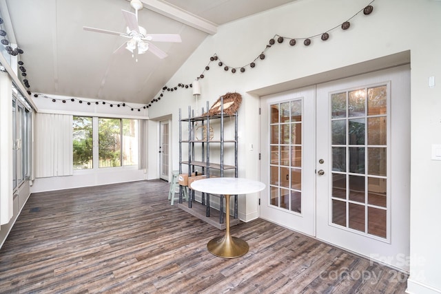 sunroom / solarium featuring lofted ceiling with beams, french doors, and ceiling fan