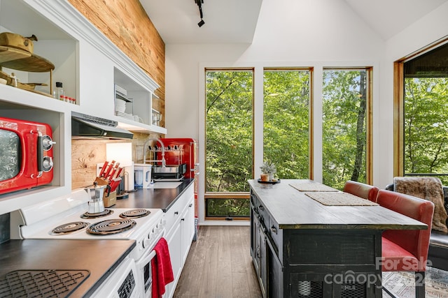 kitchen featuring dark hardwood / wood-style flooring, white cabinetry, electric stove, a breakfast bar area, and a kitchen island