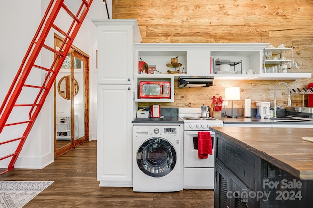 laundry room featuring washer / dryer, dark wood-type flooring, and sink