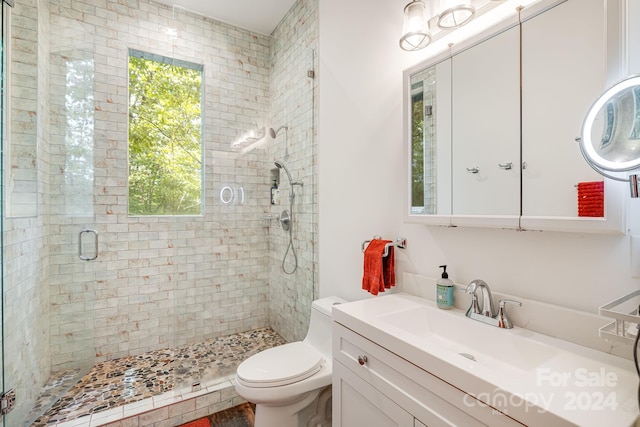 bathroom with a shower with shower door, toilet, and vanity