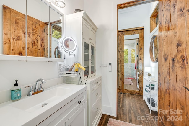 bathroom featuring hardwood / wood-style floors and vanity