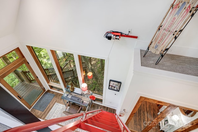 living room featuring a wealth of natural light, a towering ceiling, and hardwood / wood-style flooring