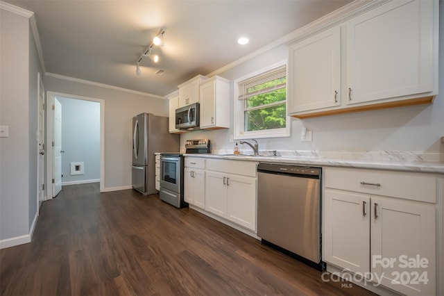 kitchen featuring stainless steel appliances, sink, white cabinets, crown molding, and dark hardwood / wood-style floors