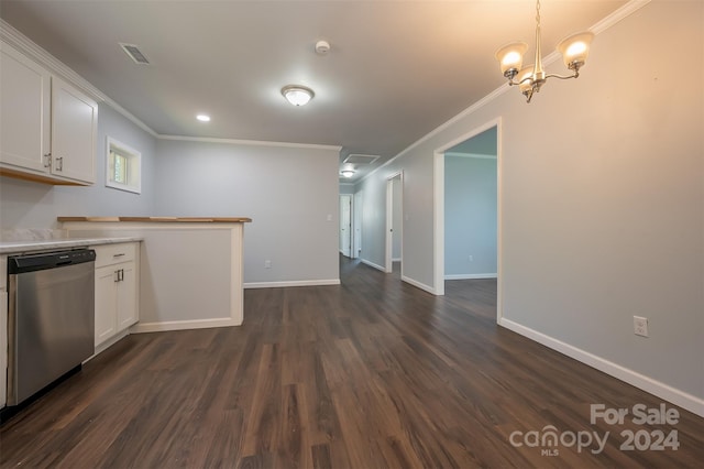 kitchen featuring stainless steel dishwasher, ornamental molding, dark wood-type flooring, and white cabinets