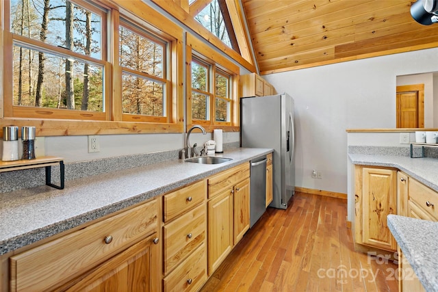 kitchen with stainless steel appliances, light wood-type flooring, sink, vaulted ceiling, and wood ceiling