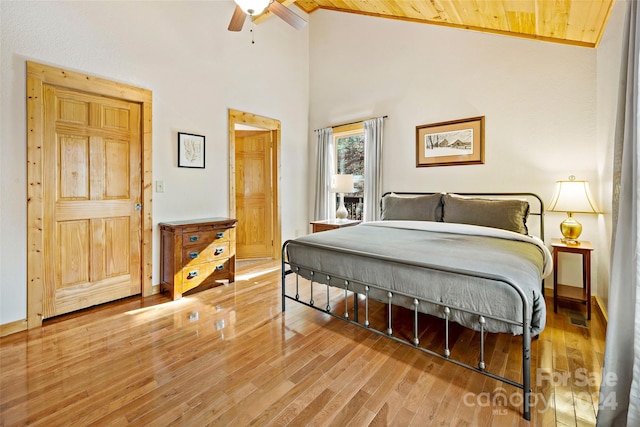 bedroom featuring ceiling fan, light hardwood / wood-style floors, high vaulted ceiling, and wooden ceiling