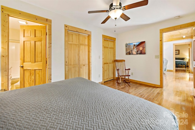 bedroom with hardwood / wood-style flooring and ceiling fan