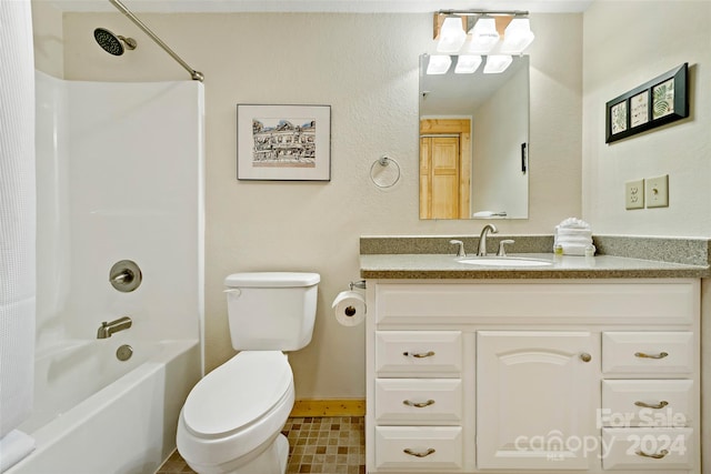 full bathroom featuring shower / tub combo with curtain, vanity, tile patterned flooring, and toilet