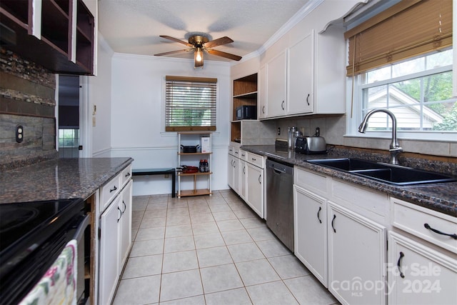 kitchen with light tile patterned floors, ornamental molding, a sink, open shelves, and stainless steel dishwasher