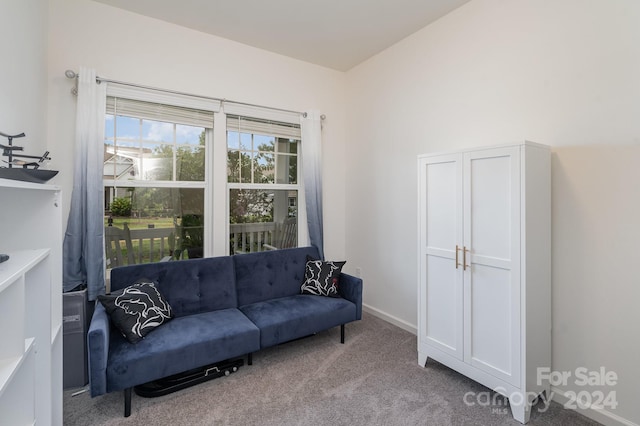 living area featuring light carpet