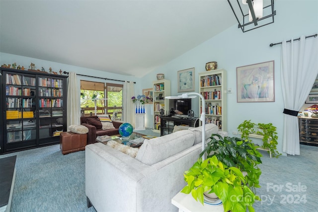 carpeted living room featuring vaulted ceiling