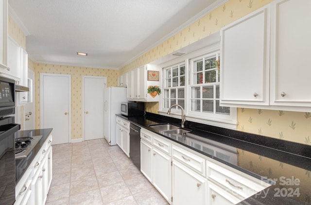 kitchen with white cabinetry, black appliances, and light tile patterned floors