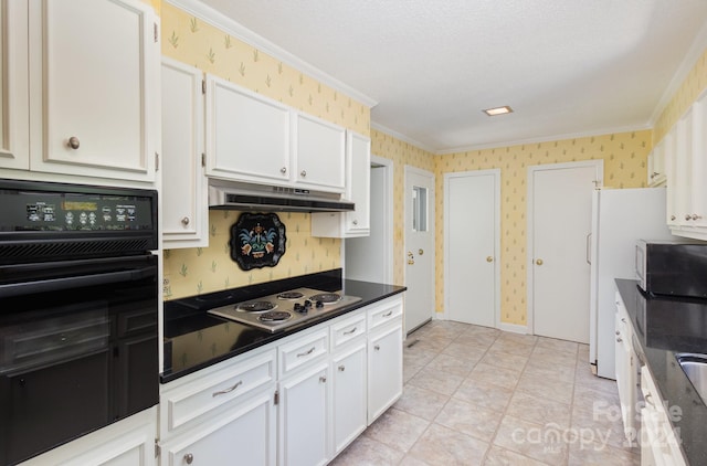 kitchen with light tile patterned flooring, white cabinetry, black appliances, and crown molding